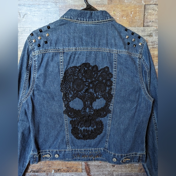Upcycled Handcrafted Ton Of Detailed Bling Jean Jacket With Black Skull - Picture 10 of 16